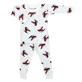 A baby long-sleeve pajama set featuring a white top and matching pants with an all-over red lobster print, laid flat on a white background.
