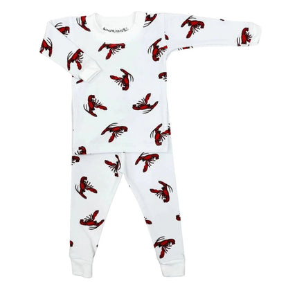A baby long-sleeve pajama set featuring a white top and matching pants with an all-over red lobster print, laid flat on a white background.