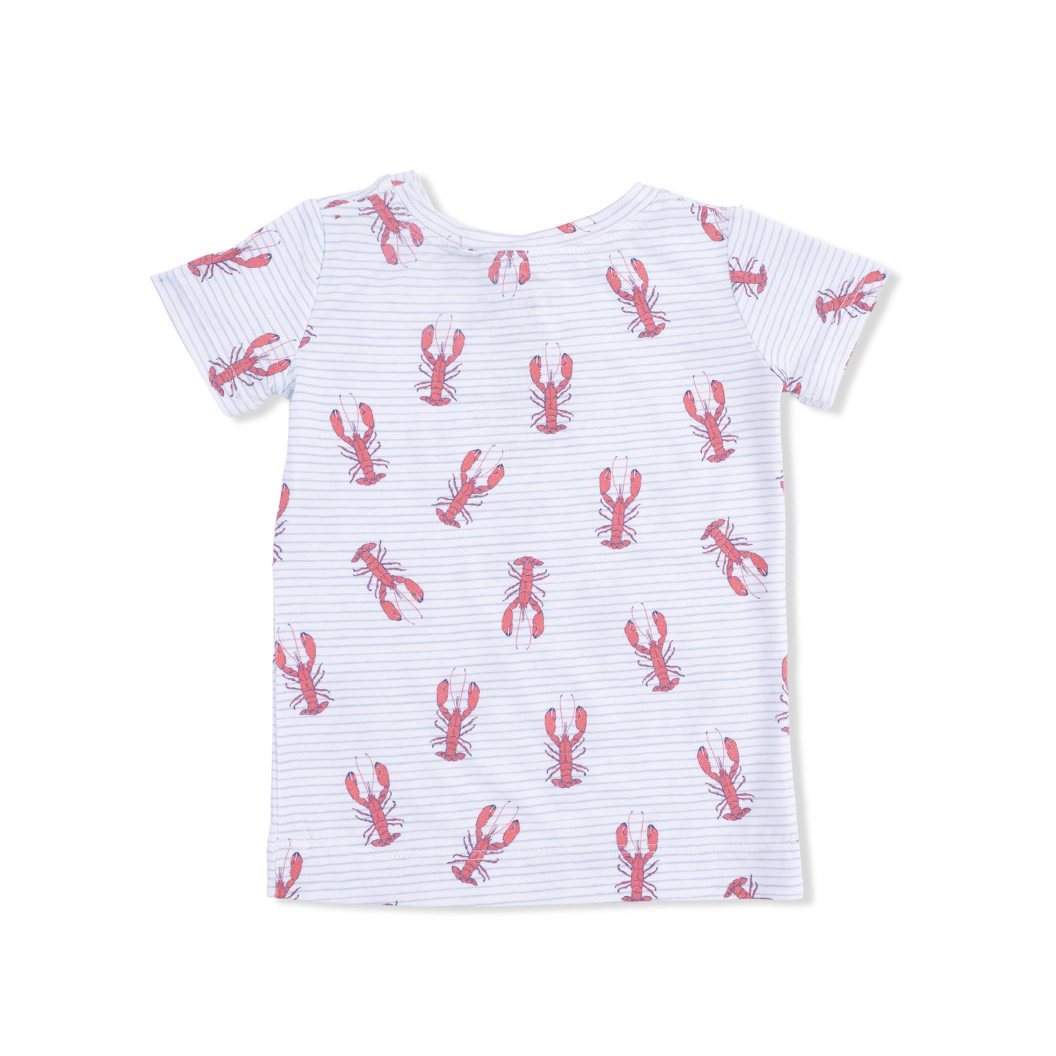 White t-shirt with red lobster pattern on a white background