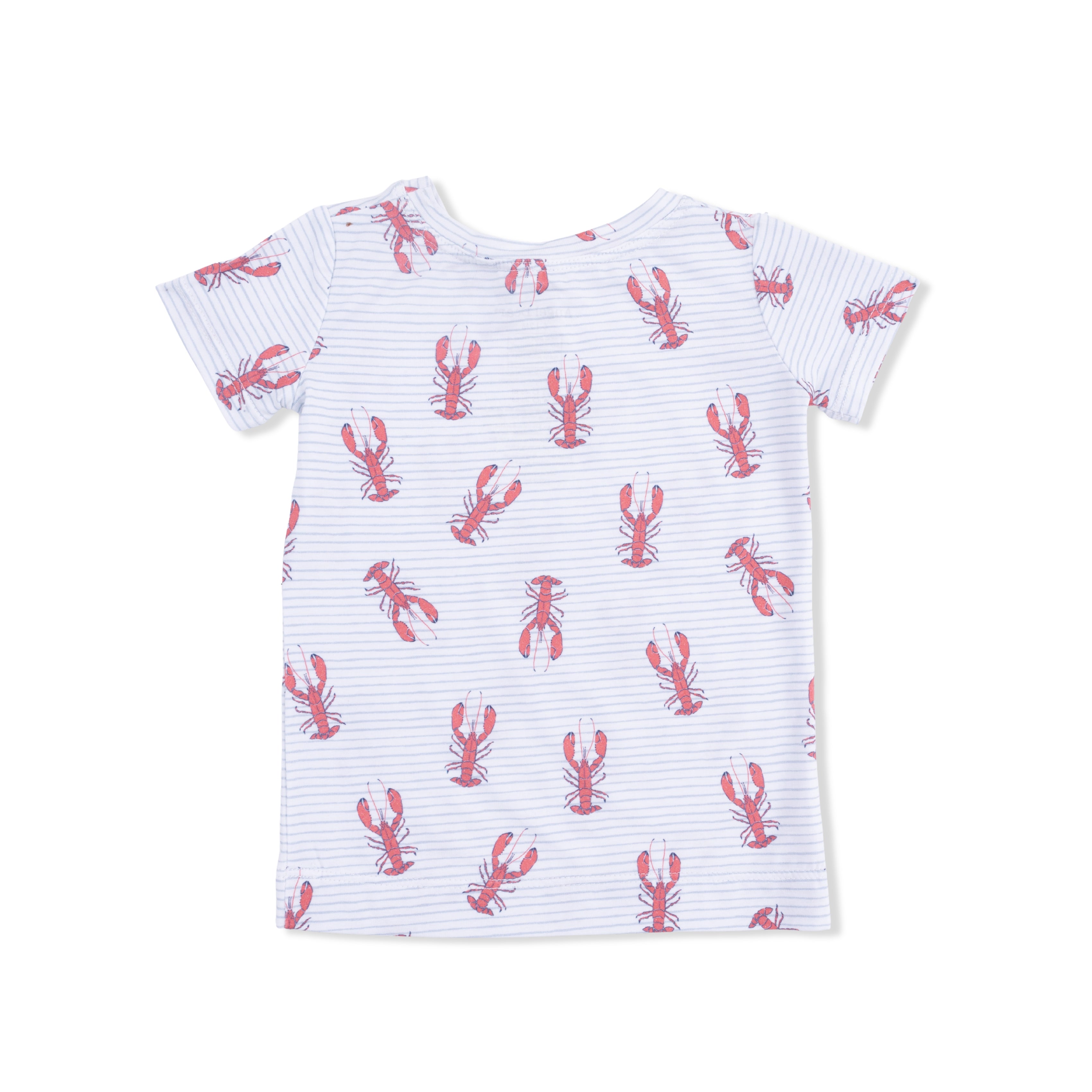 White t-shirt with red lobster pattern on a white background