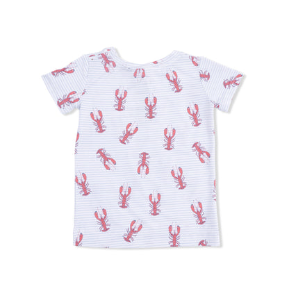 White t-shirt with red lobster pattern on a white background