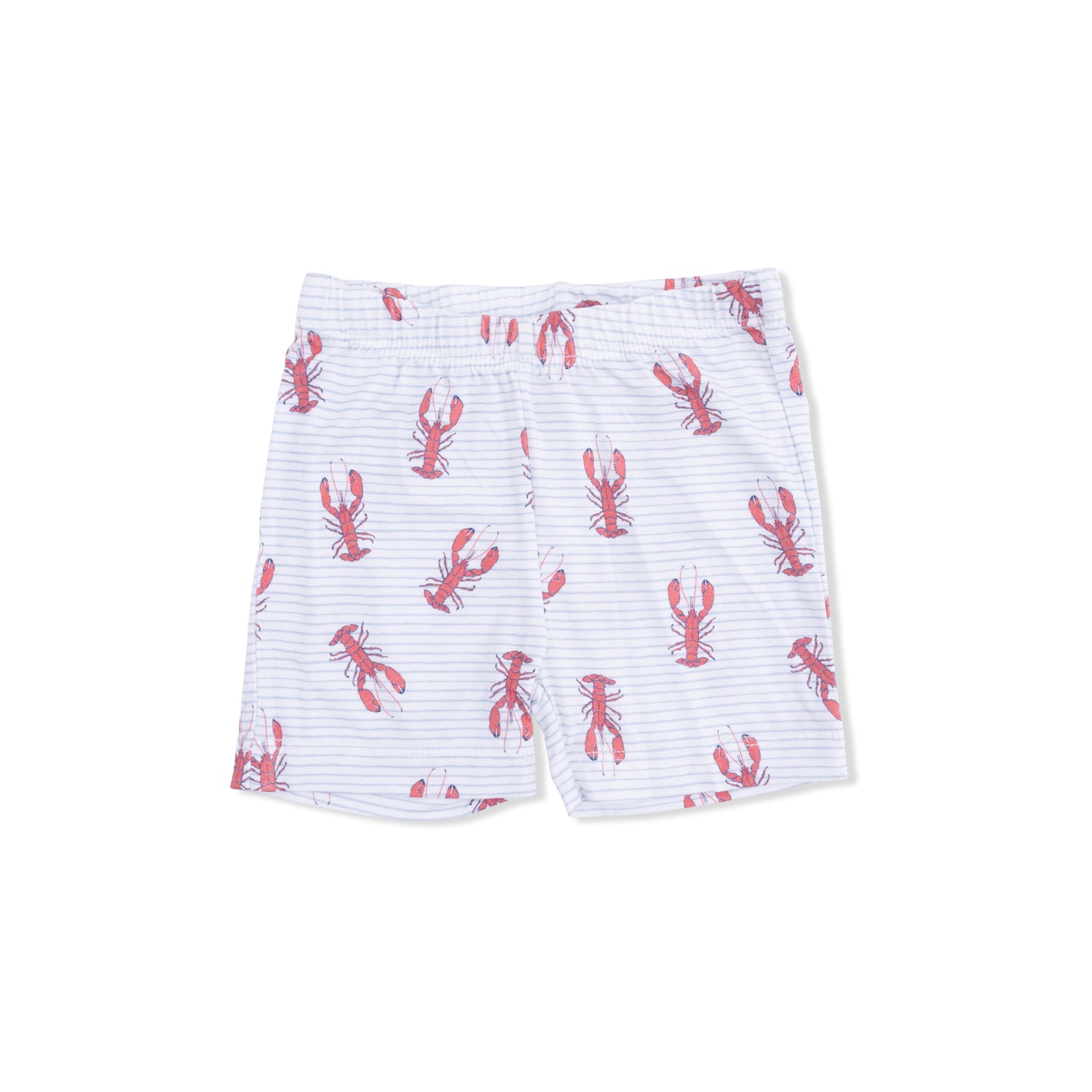 White shorts with red lobster pattern on a white background