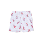 White shorts with red lobster pattern on a white background
