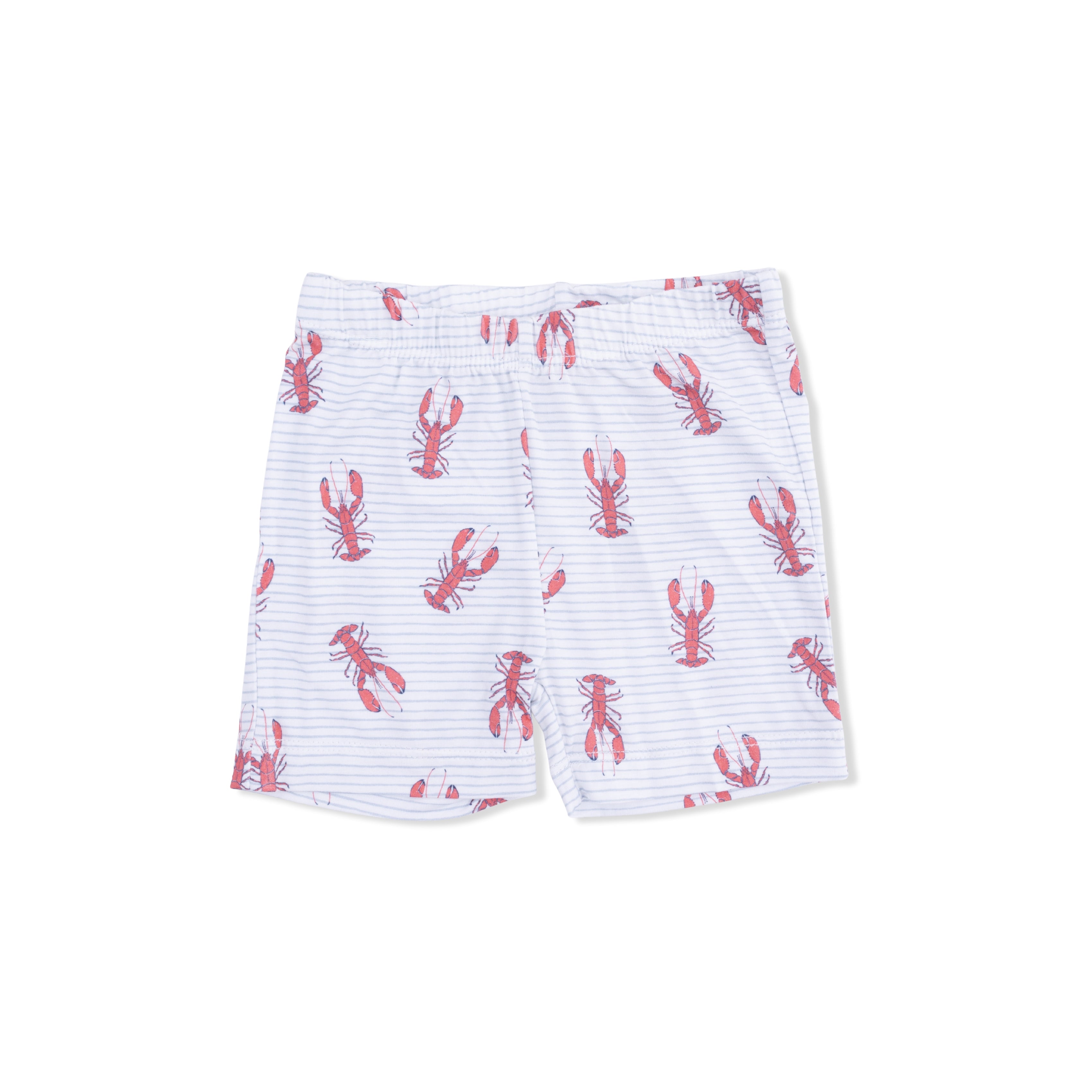 White shorts with red lobster pattern on a white background