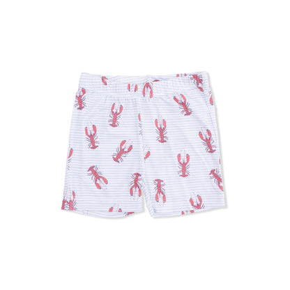 White shorts with red lobster pattern on a white background