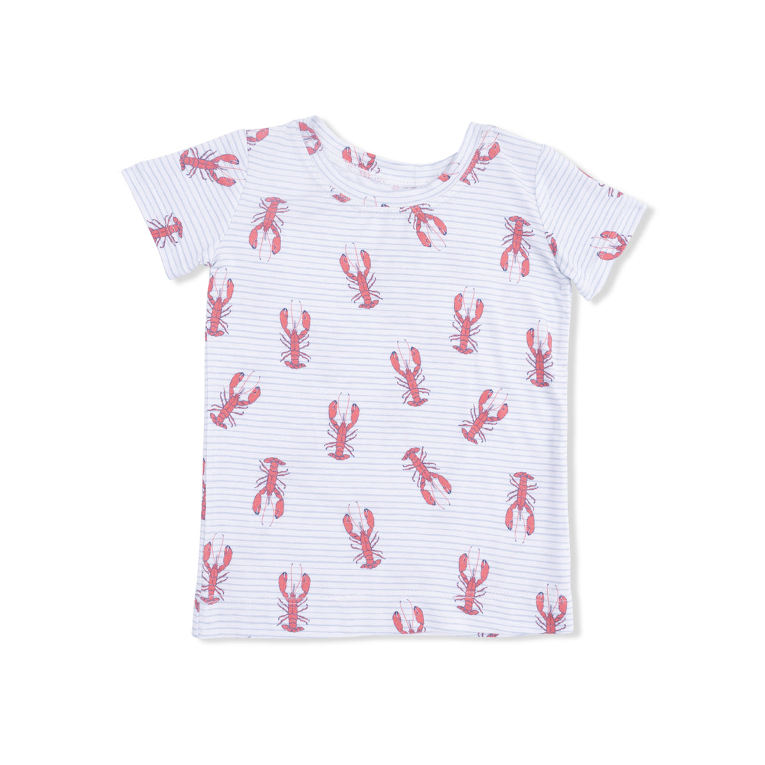 White t-shirt with red lobster pattern on a white background