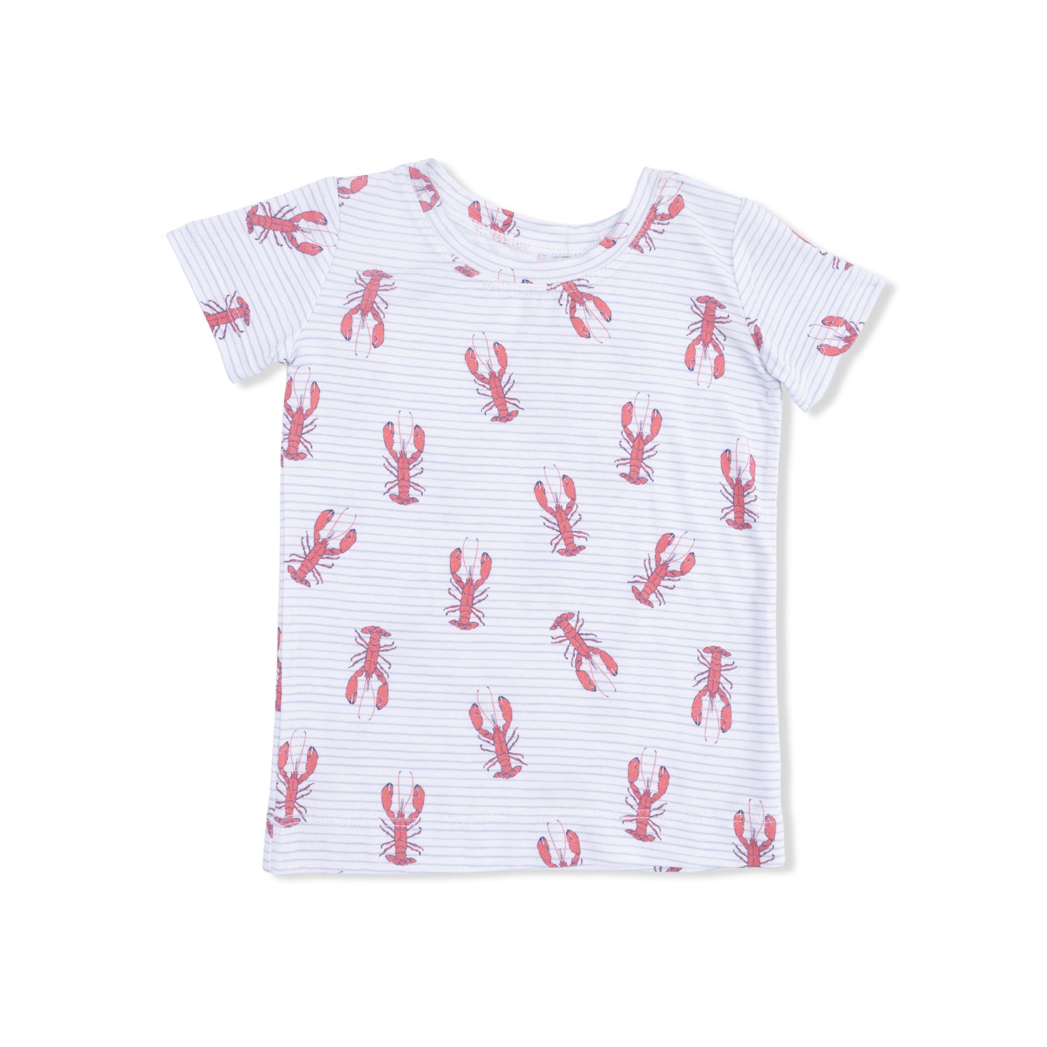 White t-shirt with red lobster pattern on a white background