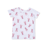 White t-shirt with red lobster pattern on a white background