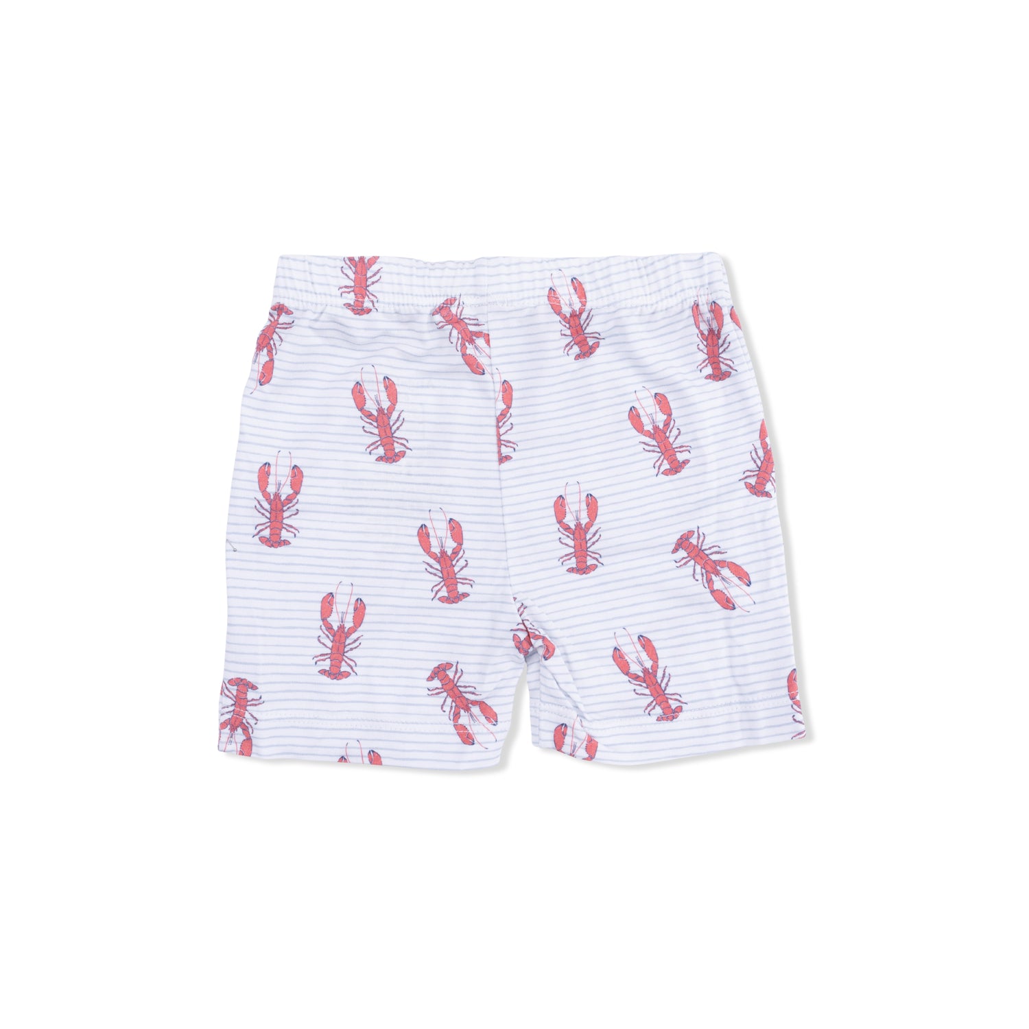 White shorts with red lobster pattern on a white background