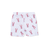 White shorts with red lobster pattern on a white background