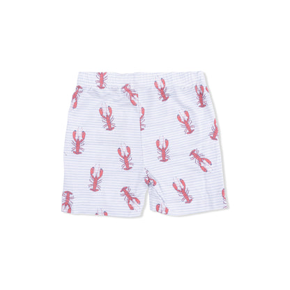 White shorts with red lobster pattern on a white background
