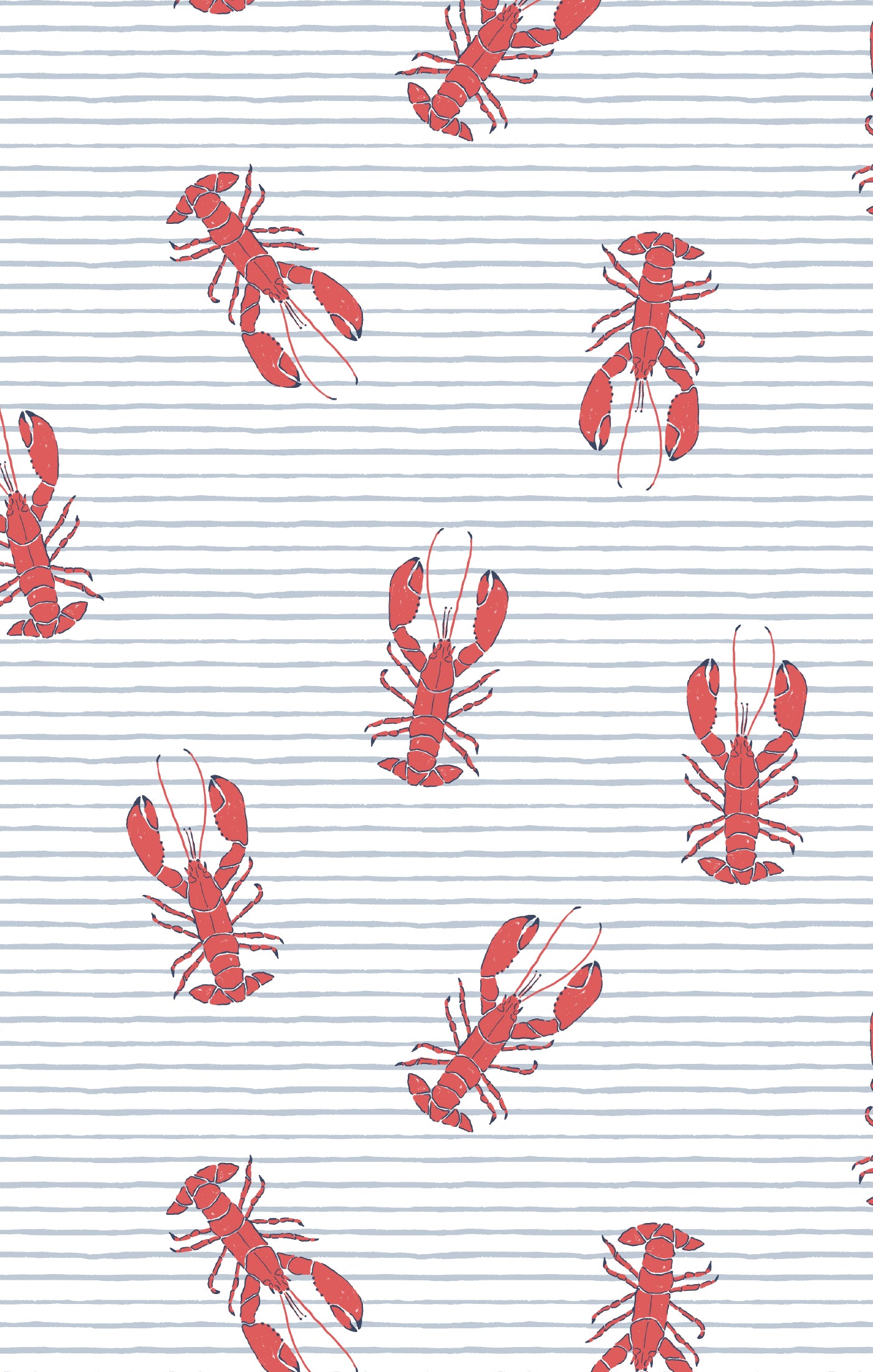 Pattern of red lobsters on a white background with thin black lines