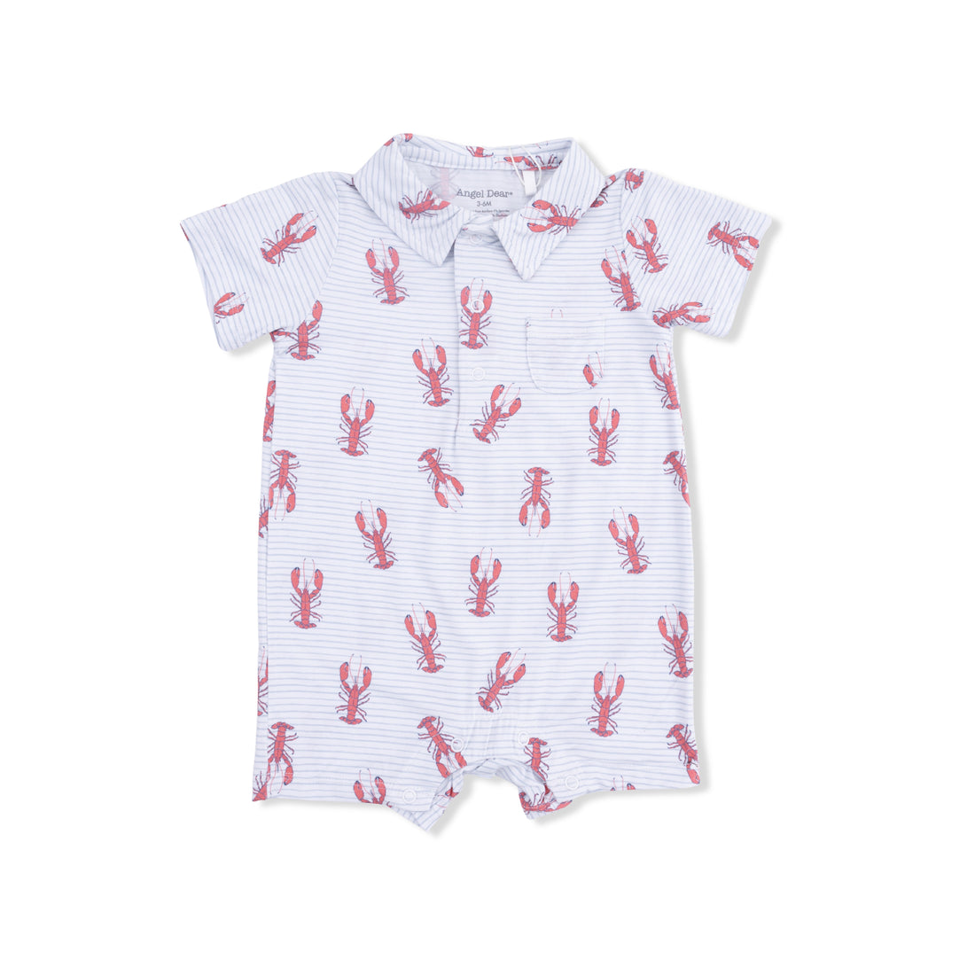 Baby romper with red lobster pattern on a white background