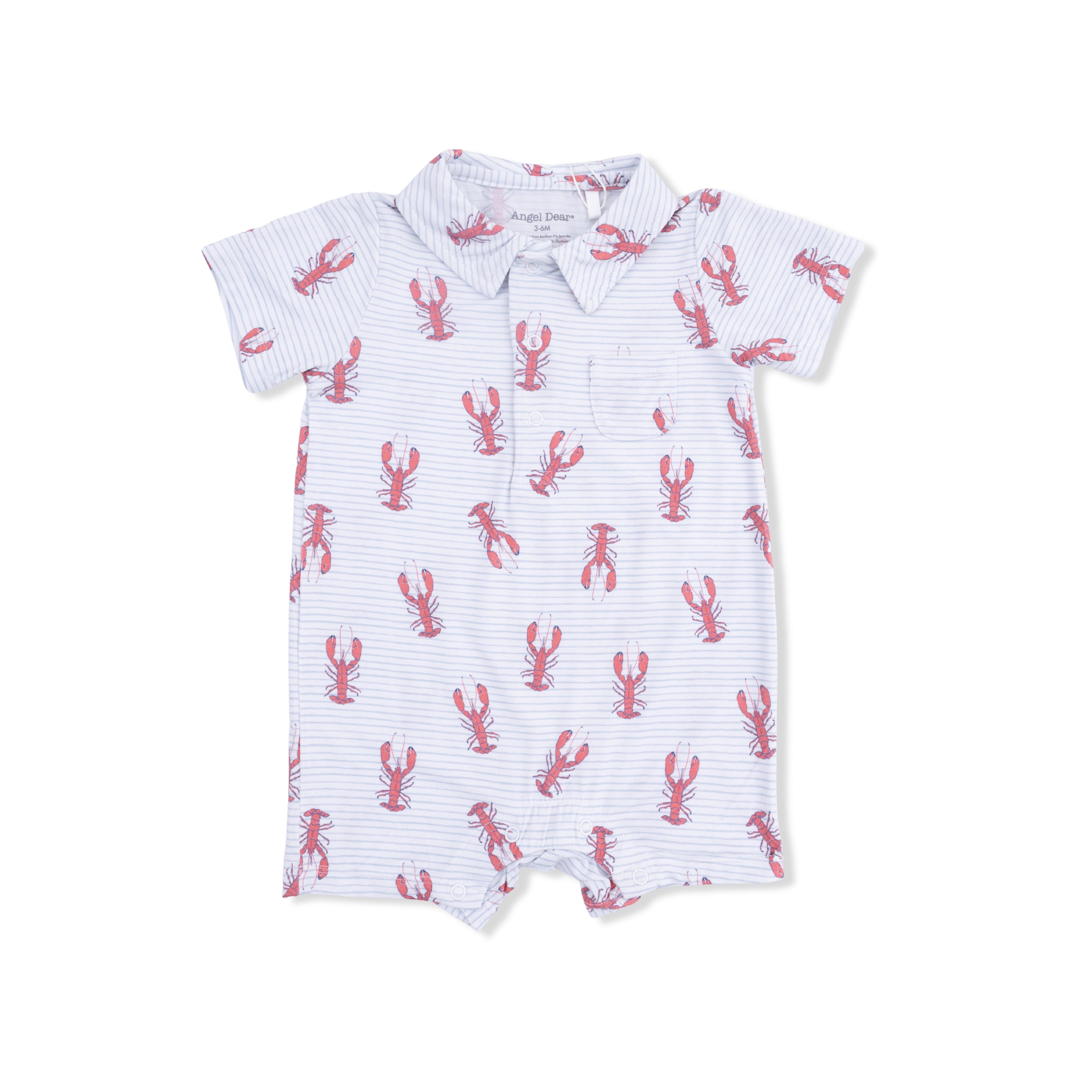 Baby romper with red lobster pattern on a white background