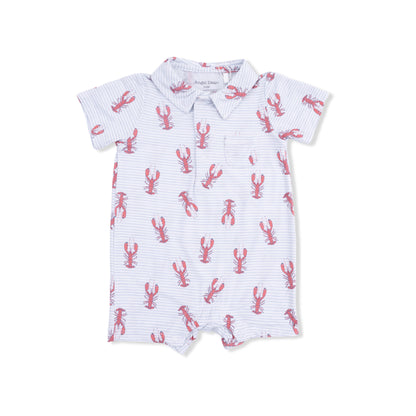 Baby romper with red lobster pattern on a white background