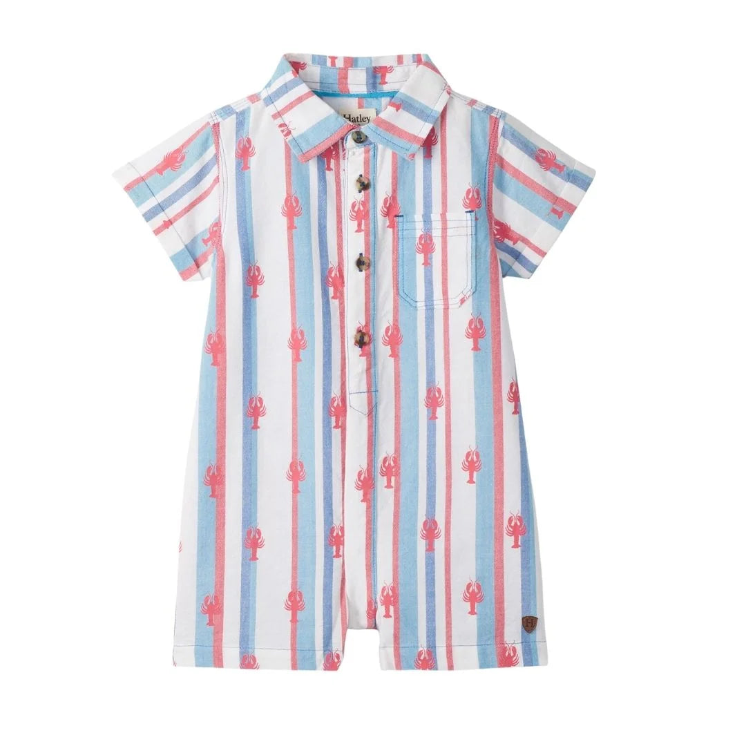 striped polo romper with shorts and short sleeves, stripes of red, white and blue with red lobsters all over front and back