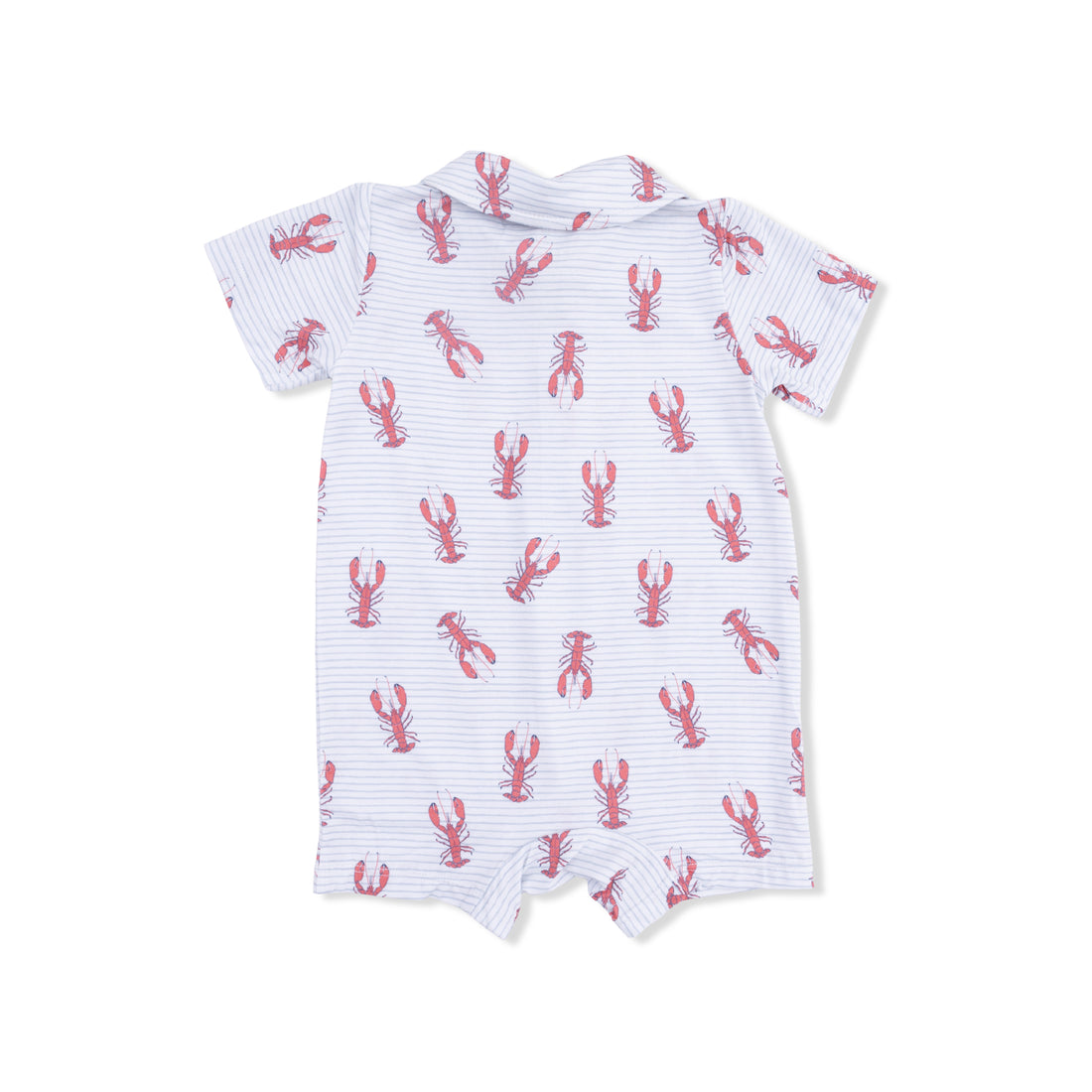 White romper with red lobster pattern on a white background