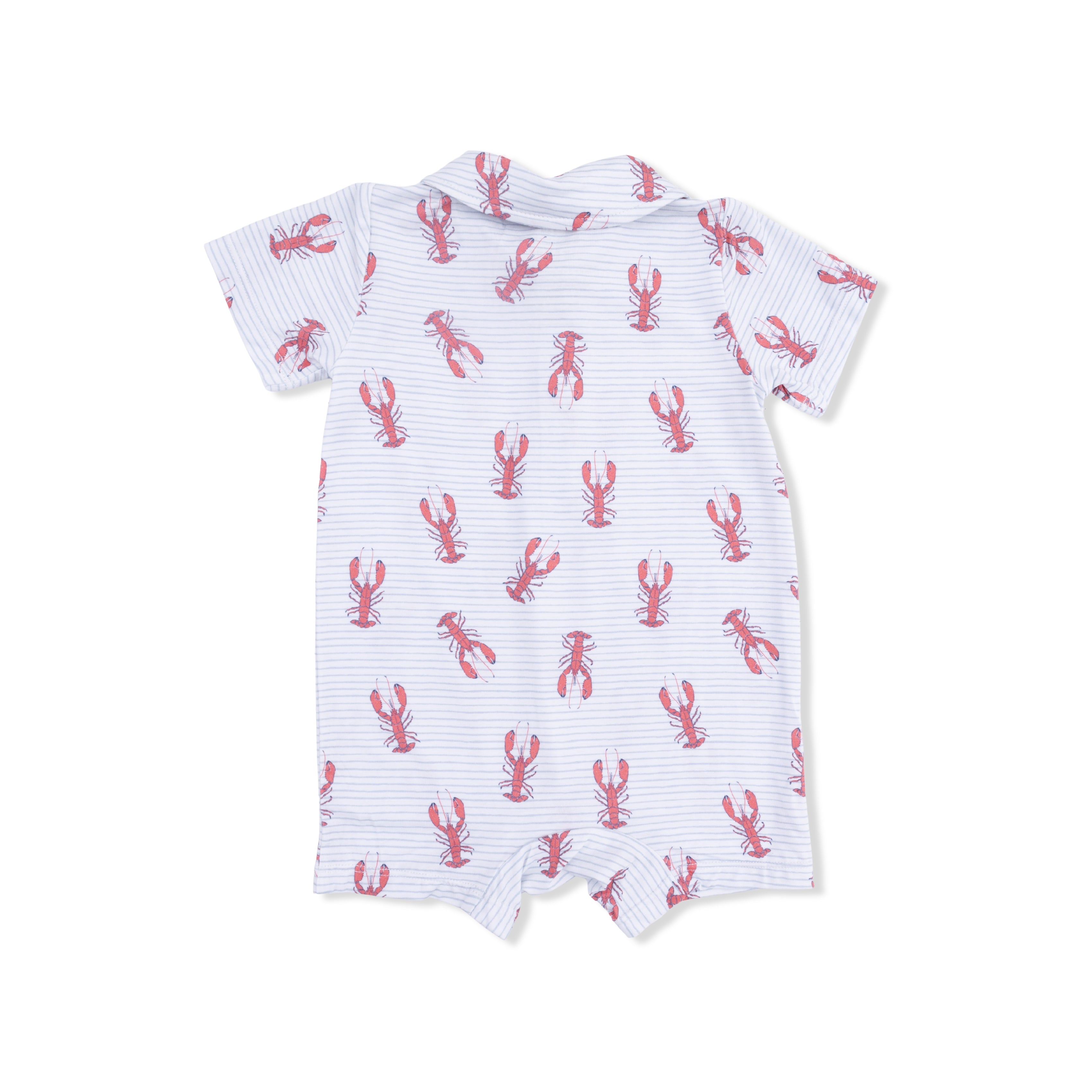 White romper with red lobster pattern on a white background