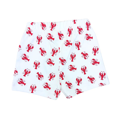 White shorts with red lobster pattern on a white background