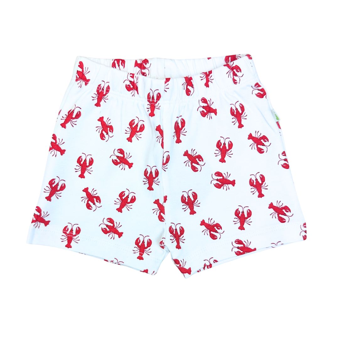 White shorts with red lobster pattern on a white background