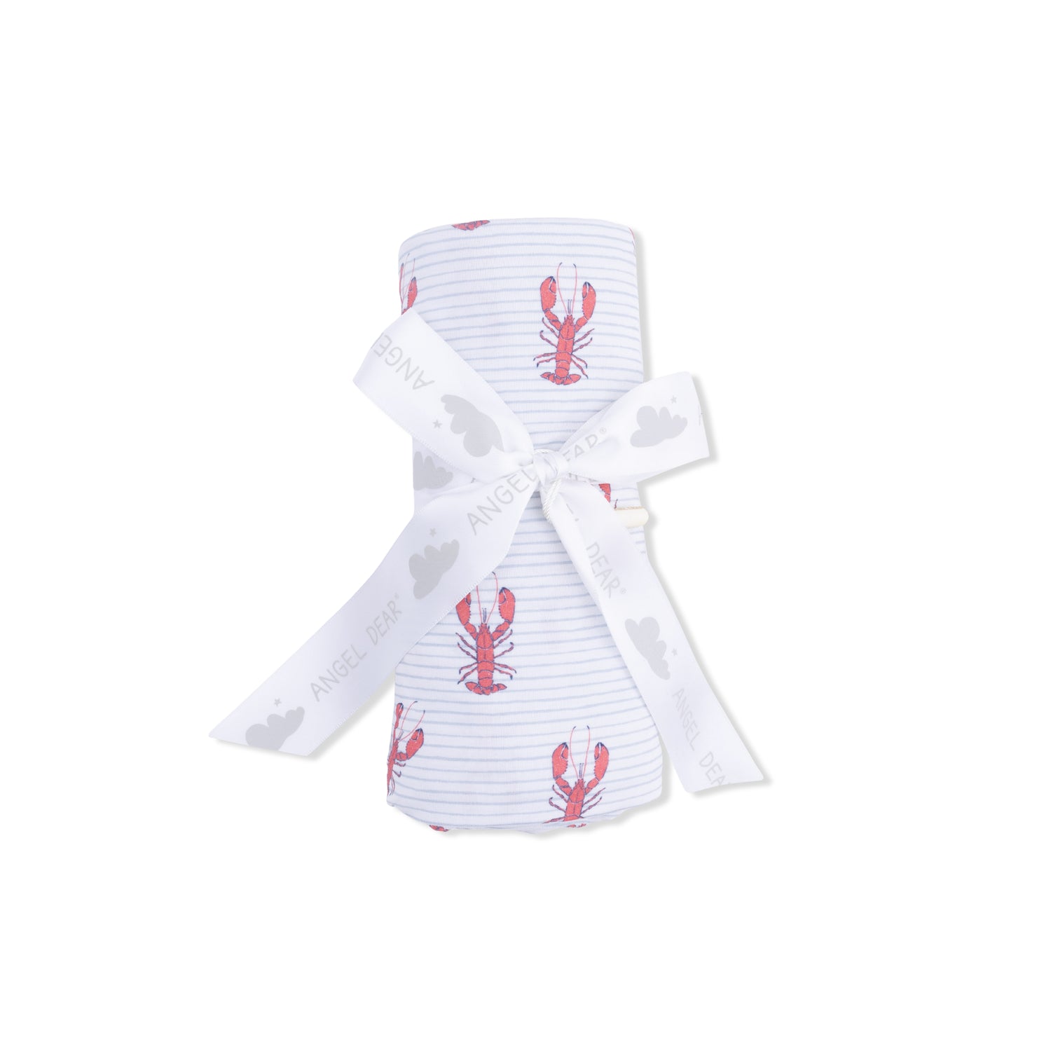 White baby blanket with red lobster design and white bow on a white background
