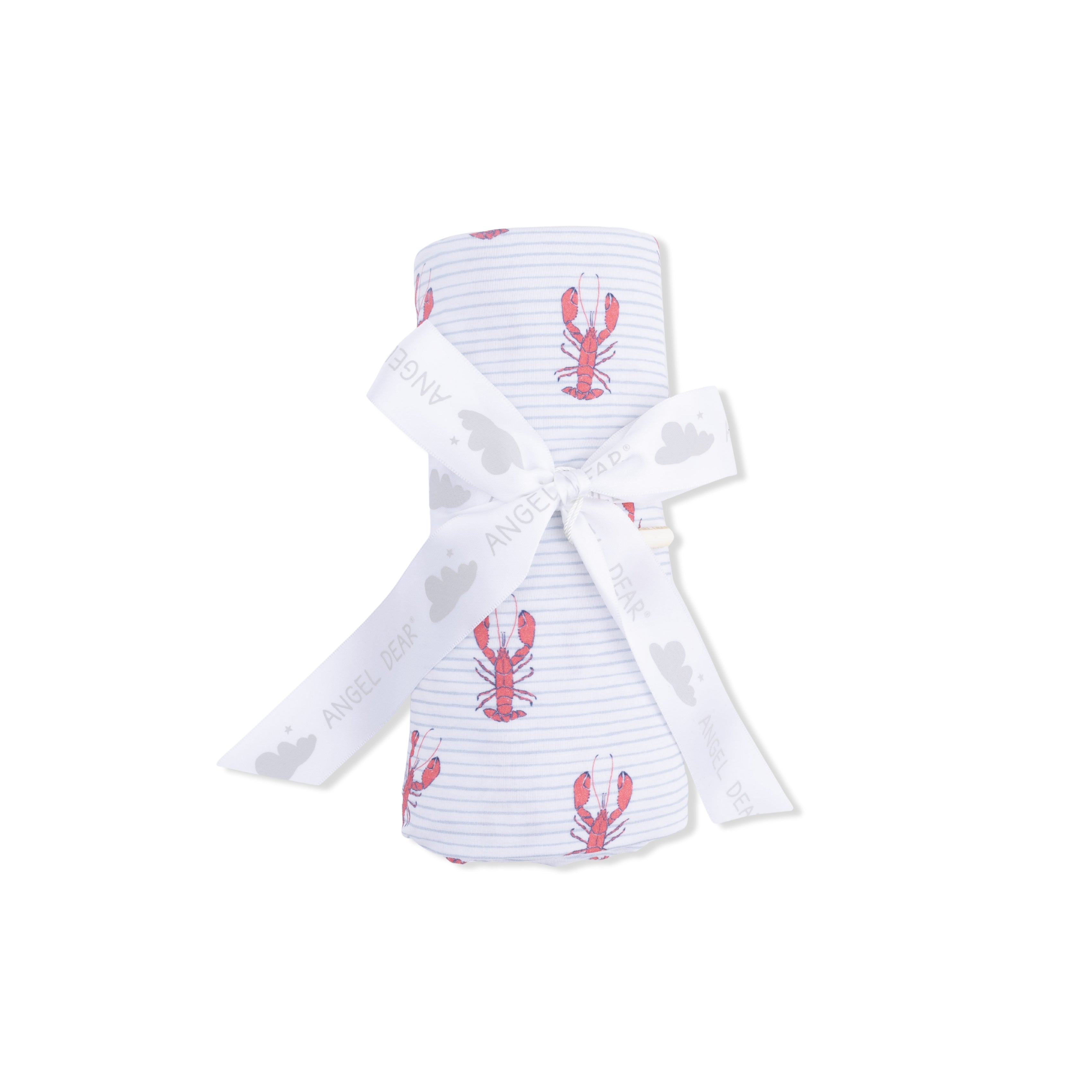 White baby blanket with red lobster design and white bow on a white background