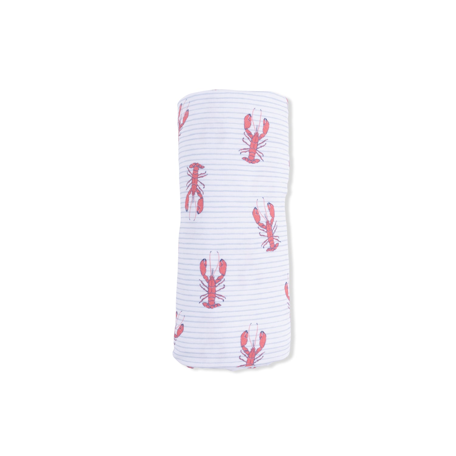 White swaddle blanket with red lobster pattern on a white background