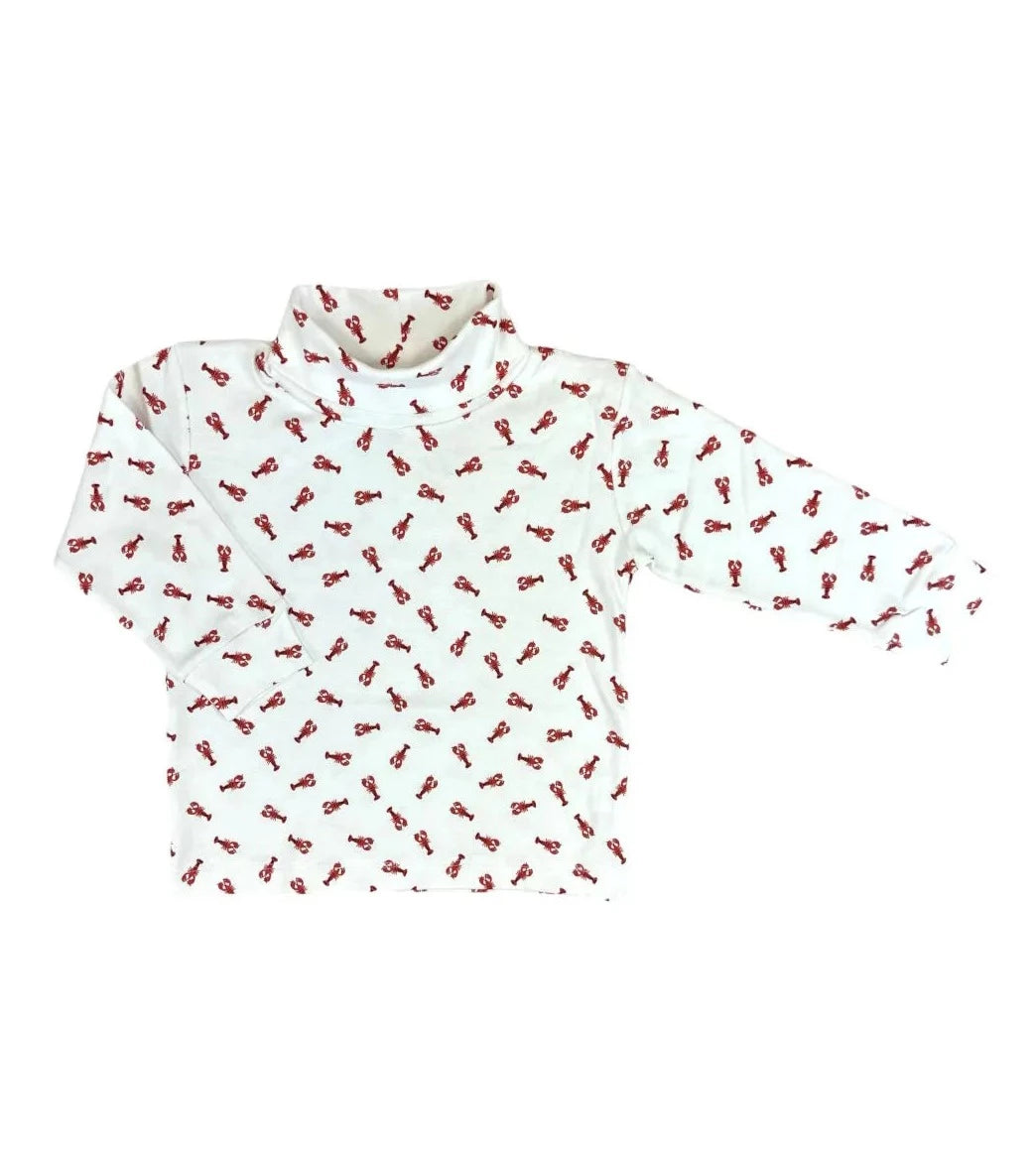 white long sleeve with red lobsters printed all over