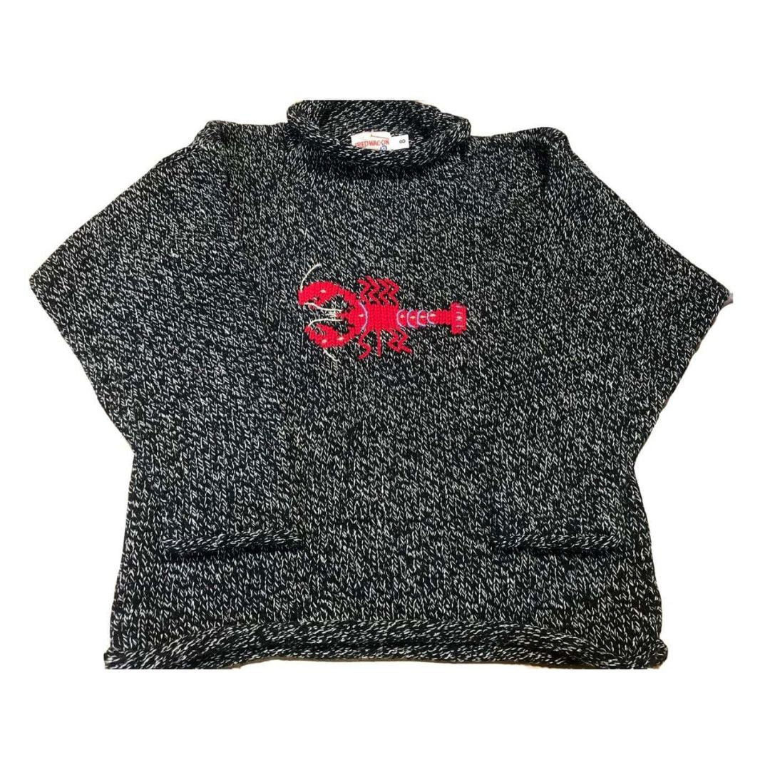 grey sweater with red lobster