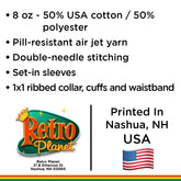Product information graphic for a 8 oz cotton/polyester yarn ball. Text lists features: pill-resistant air jet yarn, double-needle stitching, set-in sleeves, 1x1 ribbed collar/cuffs/waistband.