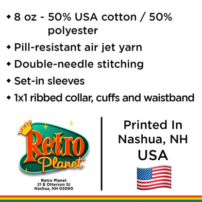 Product information graphic for a 8 oz cotton/polyester yarn ball. Text lists features: pill-resistant air jet yarn, double-needle stitching, set-in sleeves, 1x1 ribbed collar/cuffs/waistband.