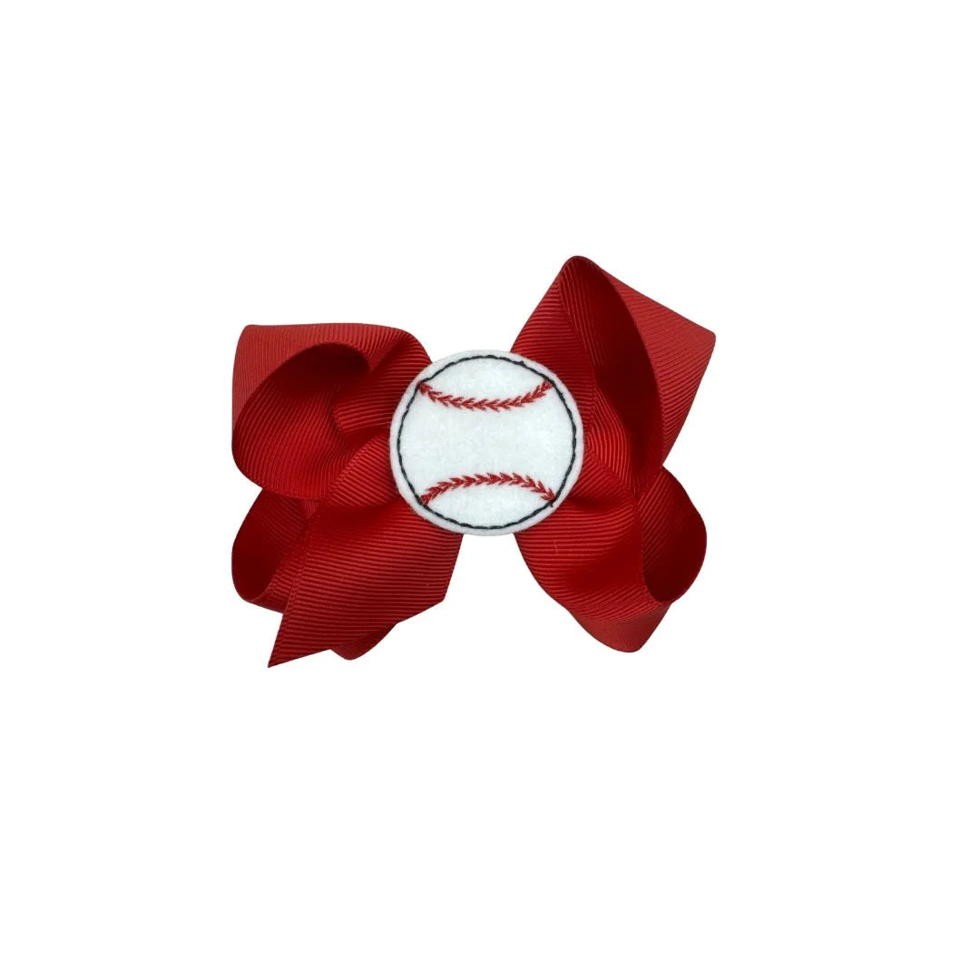 red grosgrain bow with baseball in center