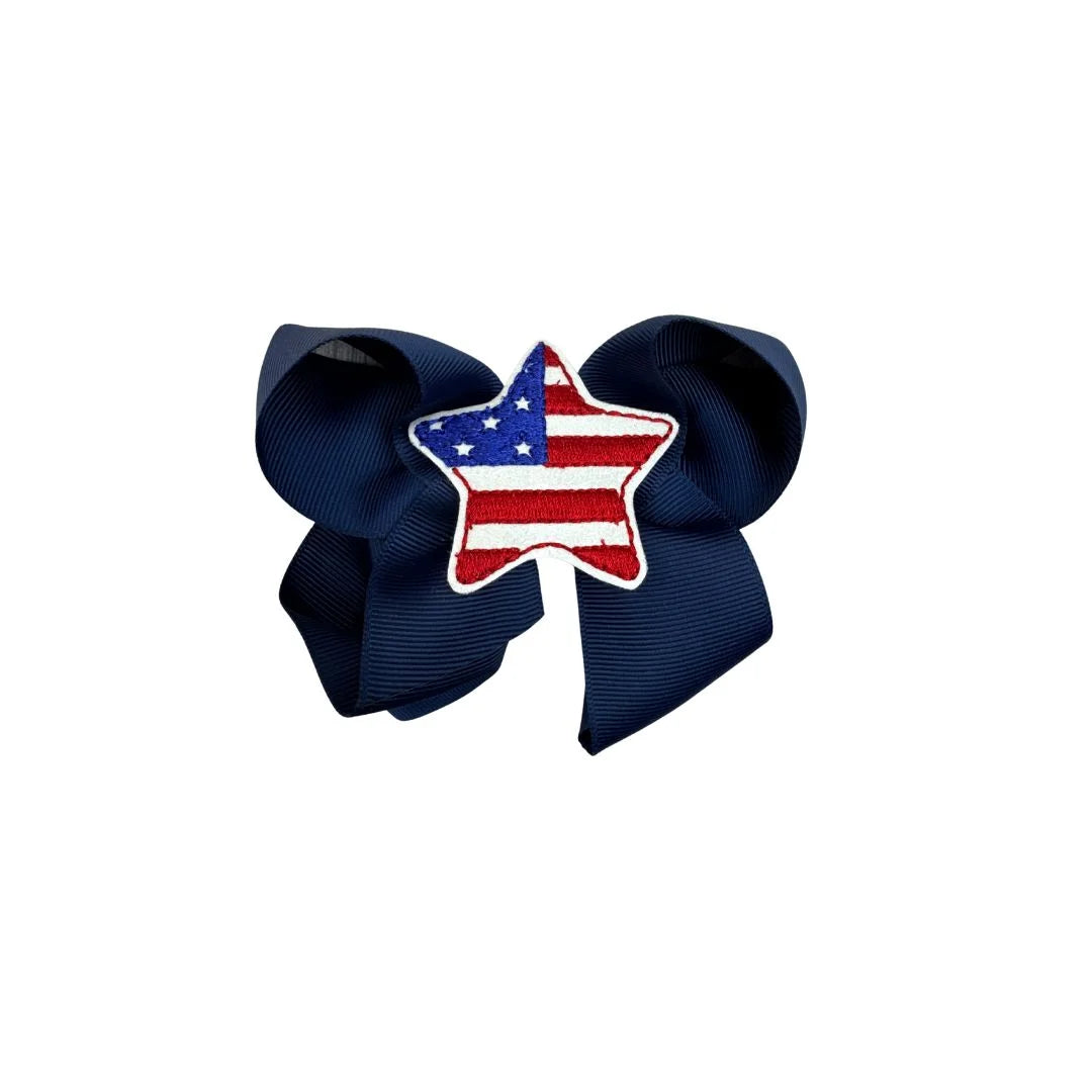 medium navy grosgrain bow with american flag star embroidered in center
