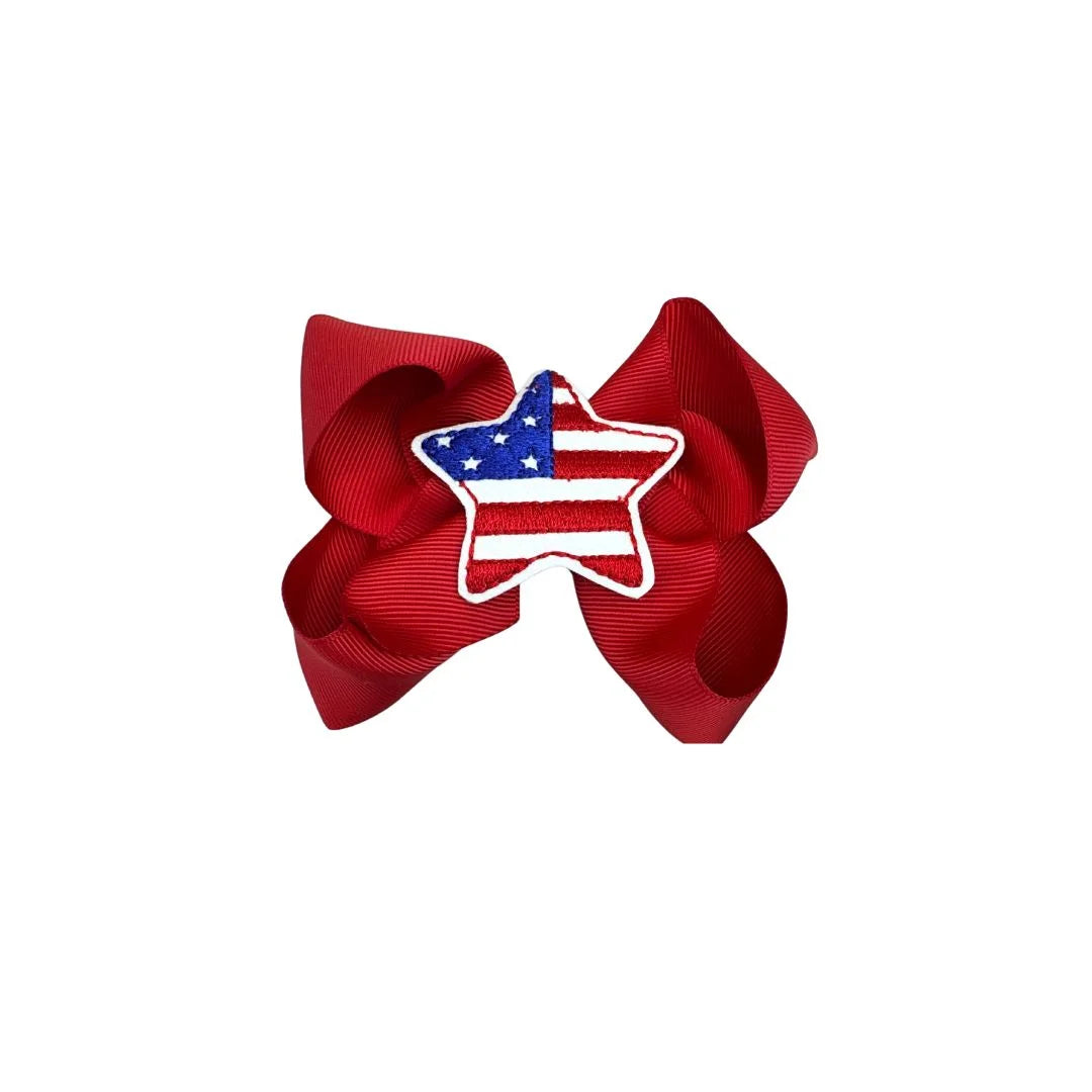 small red grosgrain bow with american flag star embroidered in center