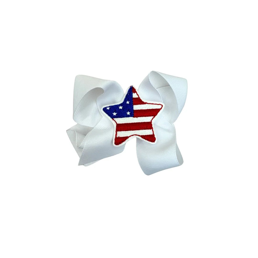 white grosgrain hair bow with american flag star embroidered in center