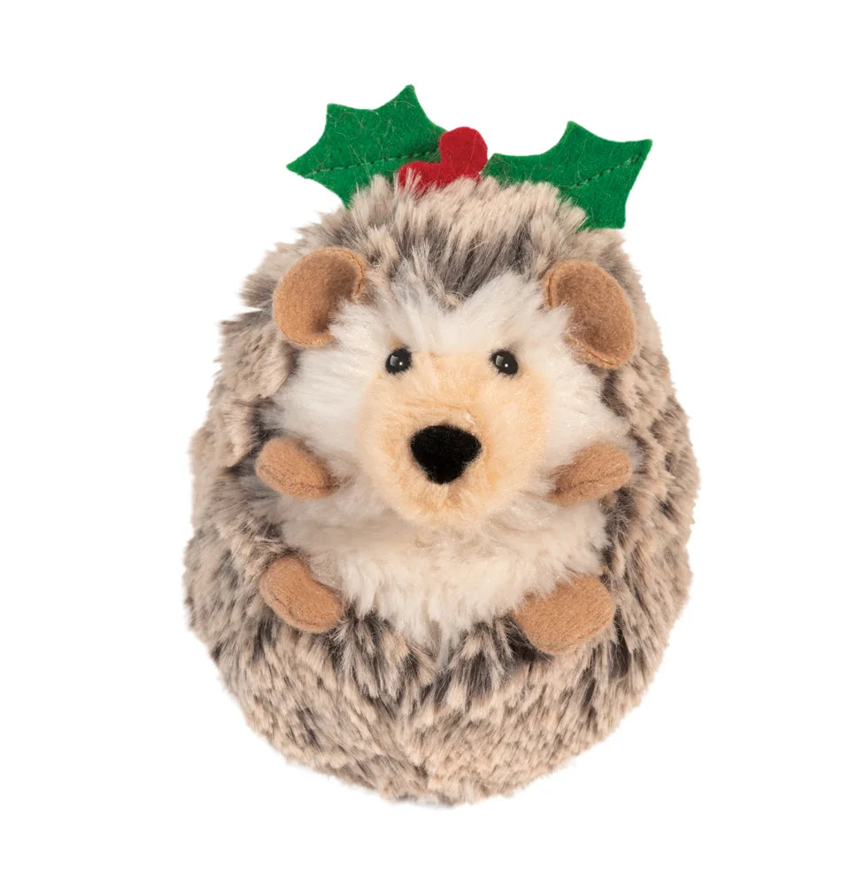 hedgehog plush with mistletoe and holly