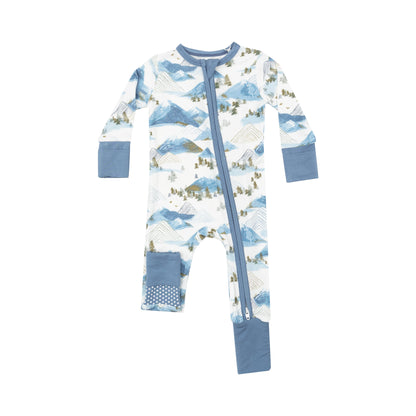 mountains baby romper white with blue and green mountain design