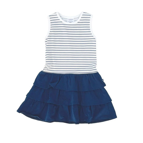 white and navy striped sleeveless top with navy ruffle skirt