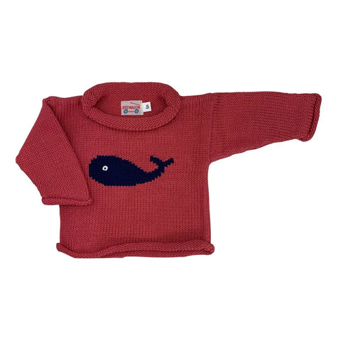 red long sleeve sweater with navy blue whale