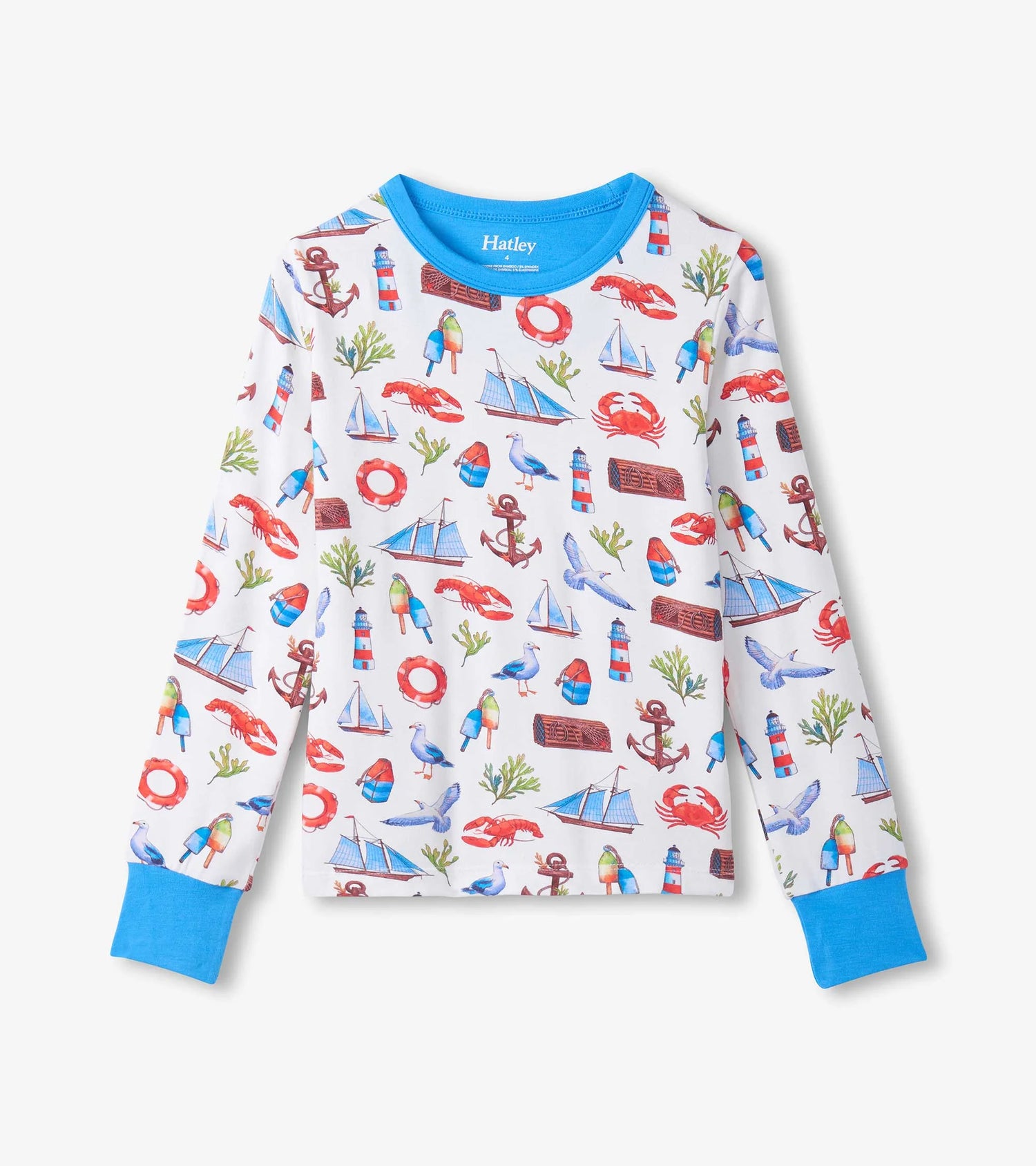 nautical pajamas, white base with nautical emblems all over with blue trim