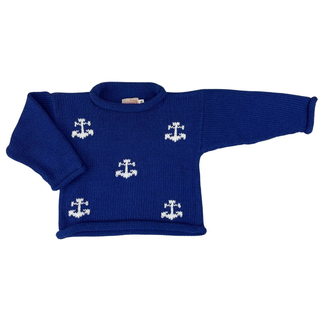 blue long sleeve sweater with white anchors all over