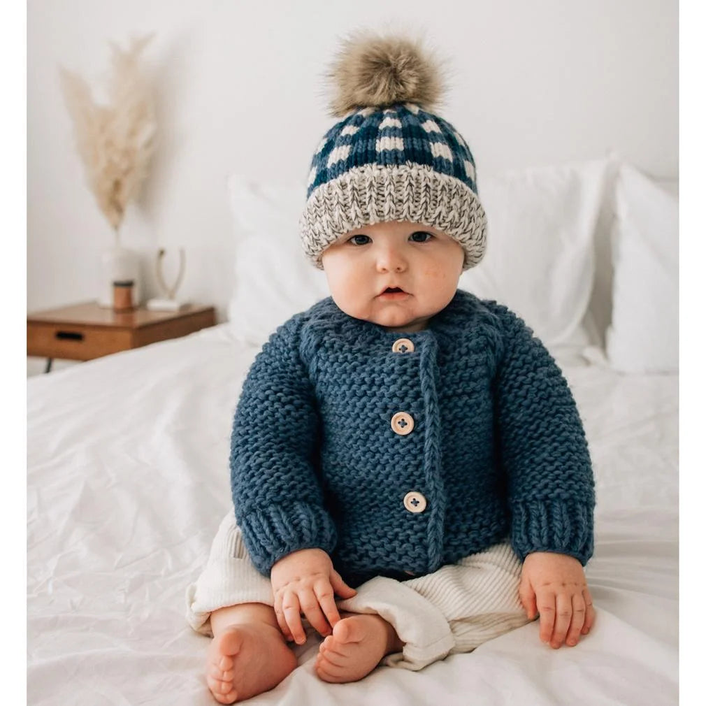 blue and white buffalo check winter hat