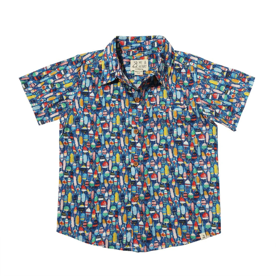 navy shirt with multi color buoys all over