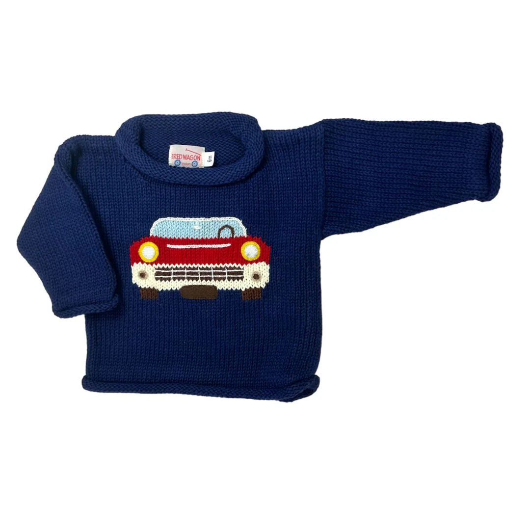 navy sweater with classic car