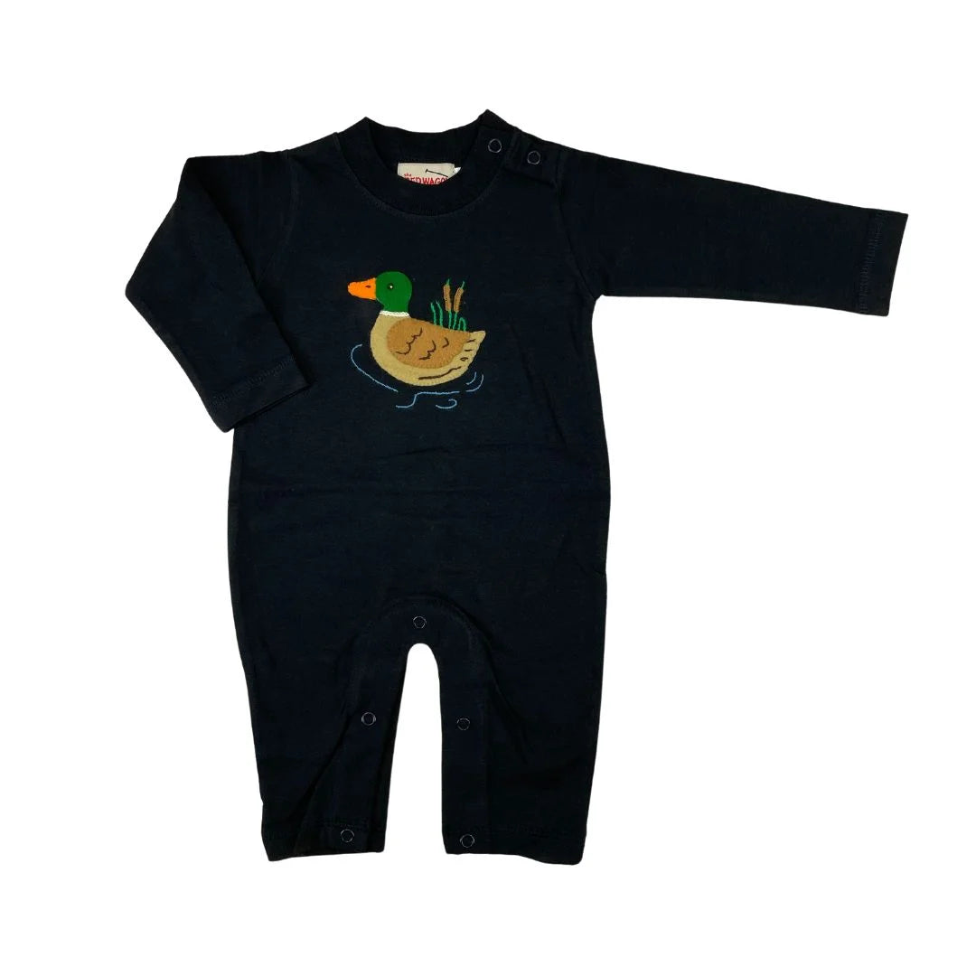 navy blue long sleeve romper with duck design