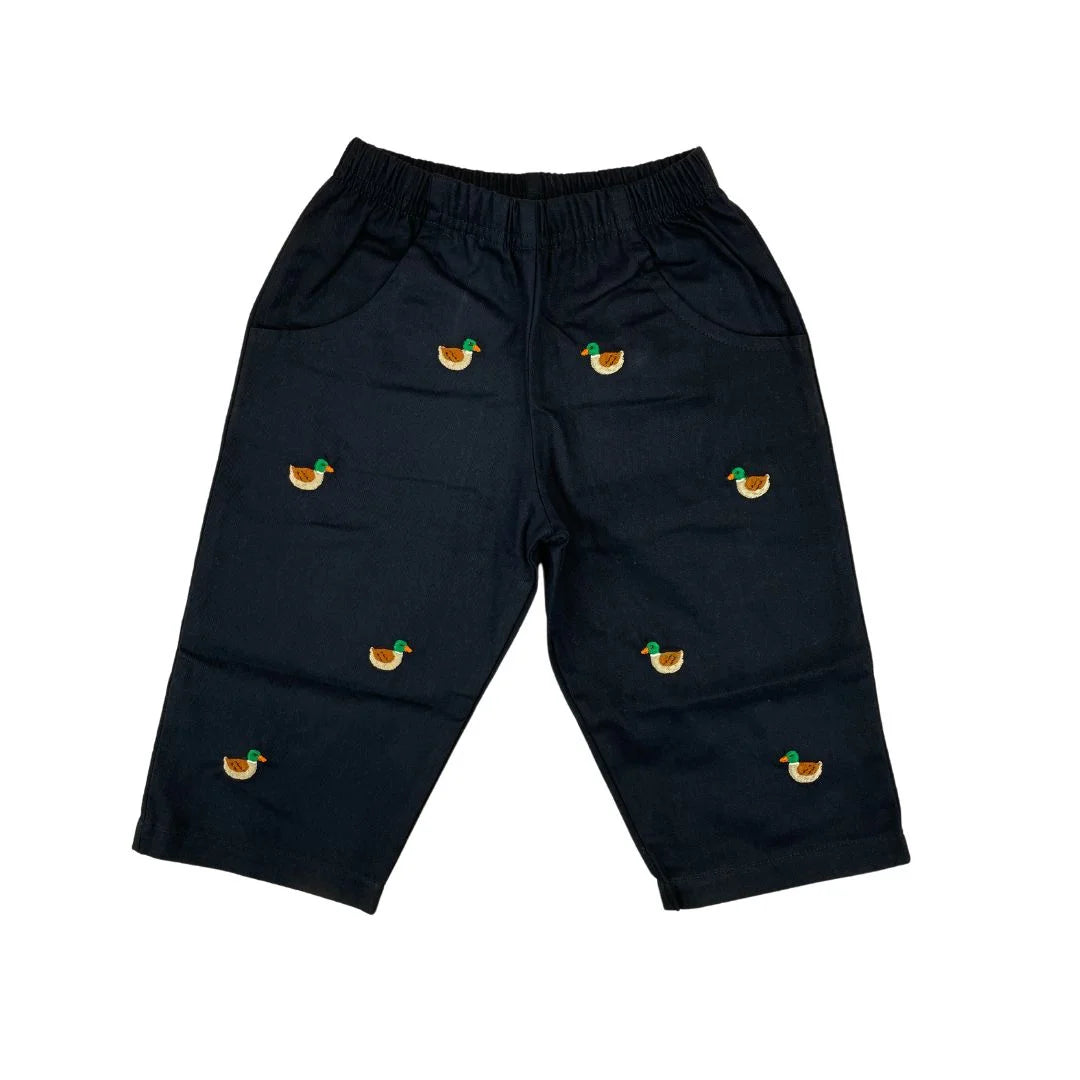 navy twill pants with embroidered mallard ducks all over