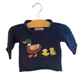 navy blue sweater with mallard duck and two ducklings following behind