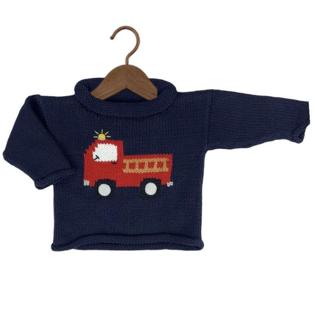 Pull col roulé bleu marine camion de pompier 