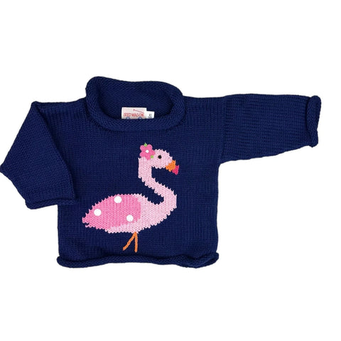 long sleeve navy sweater with pink flamingo