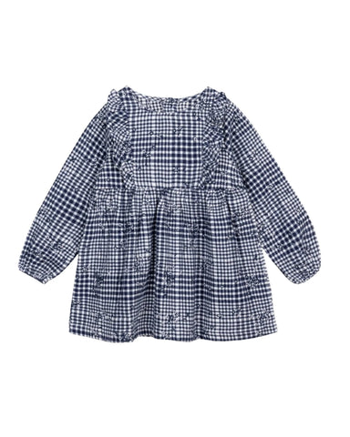 navy gingham long sleeve dress with ruffles and embroidered flowers